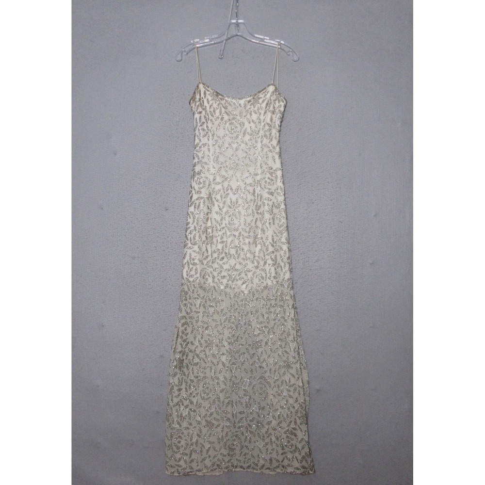 Fairy Dress Gown Silk Ivory Beaded Maxi Art Deco Prom Bridal Glam Y2K READ